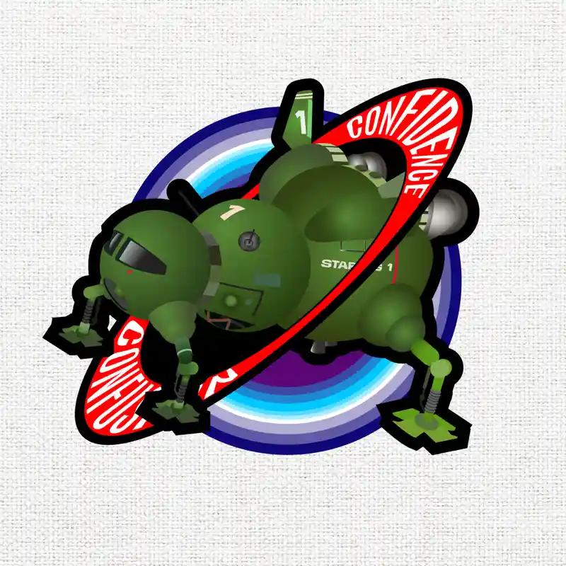 A cartoonish green robot with a helmet and mechanical limbs is depicted in a dynamic pose, seemingly flying or falling…