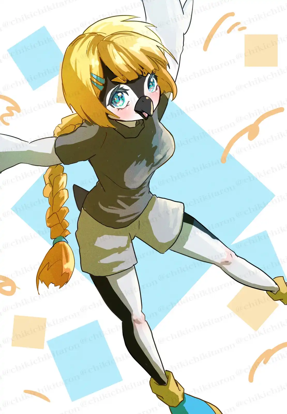 An anime-style illustration of a young woman with blonde hair in a braid, wearing a bird mask with a beak and black feathers…