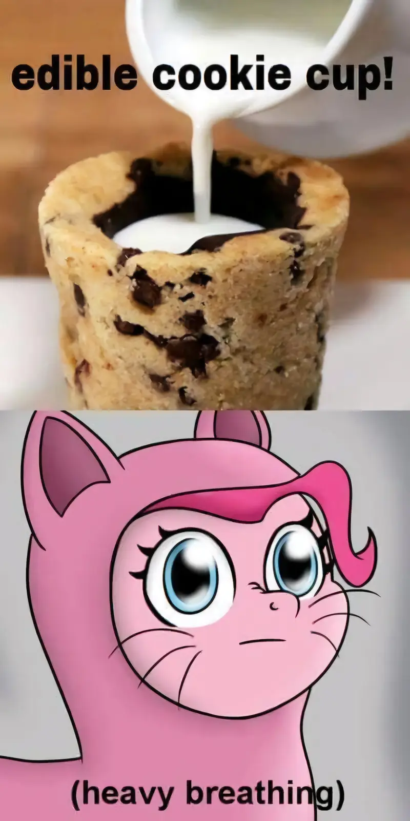 The top half shows a chocolate chip cookie shaped like a cup with milk being poured into it, labeled 'edible cookie cup!'…