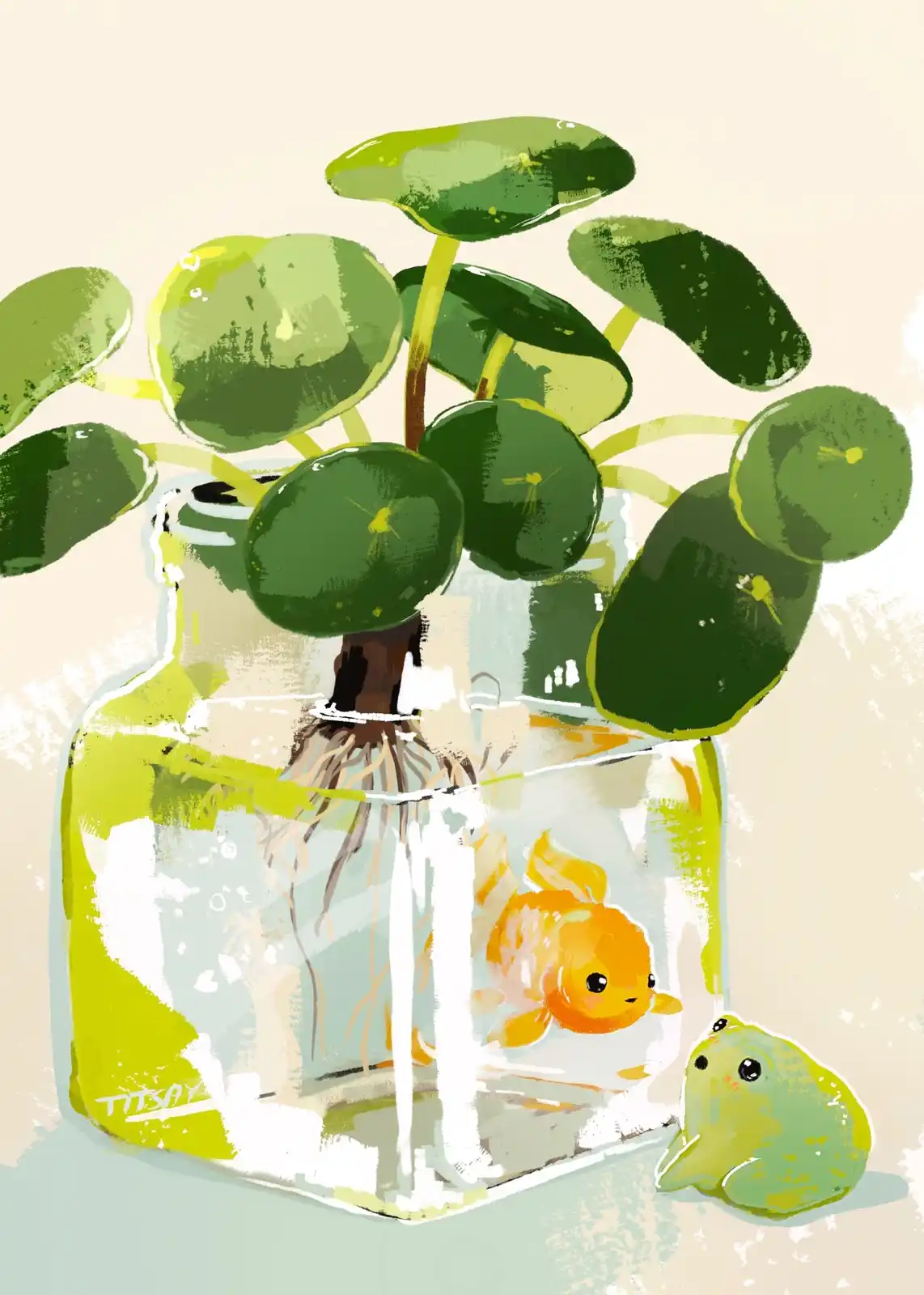 A stylized illustration shows a small goldfish swimming inside a glass jar that also contains the roots of a plant with…