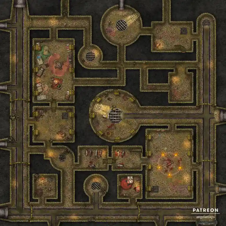This is a top-down fantasy dungeon map with stone corridors and rooms, featuring scattered loot, bloodstains, and a glowing…