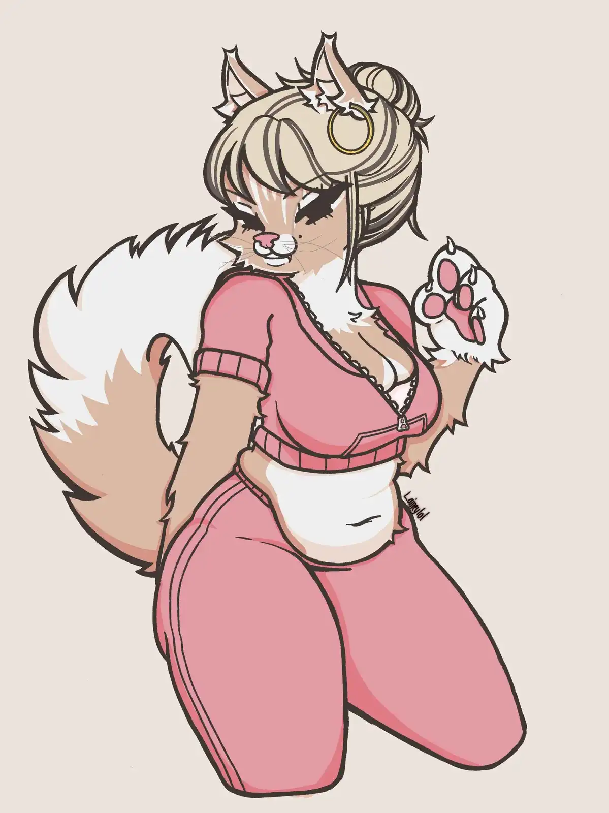 A stylized anthropomorphic catgirl with blonde hair, cat ears, and a fluffy tail is kneeling and looking over her shoulder…