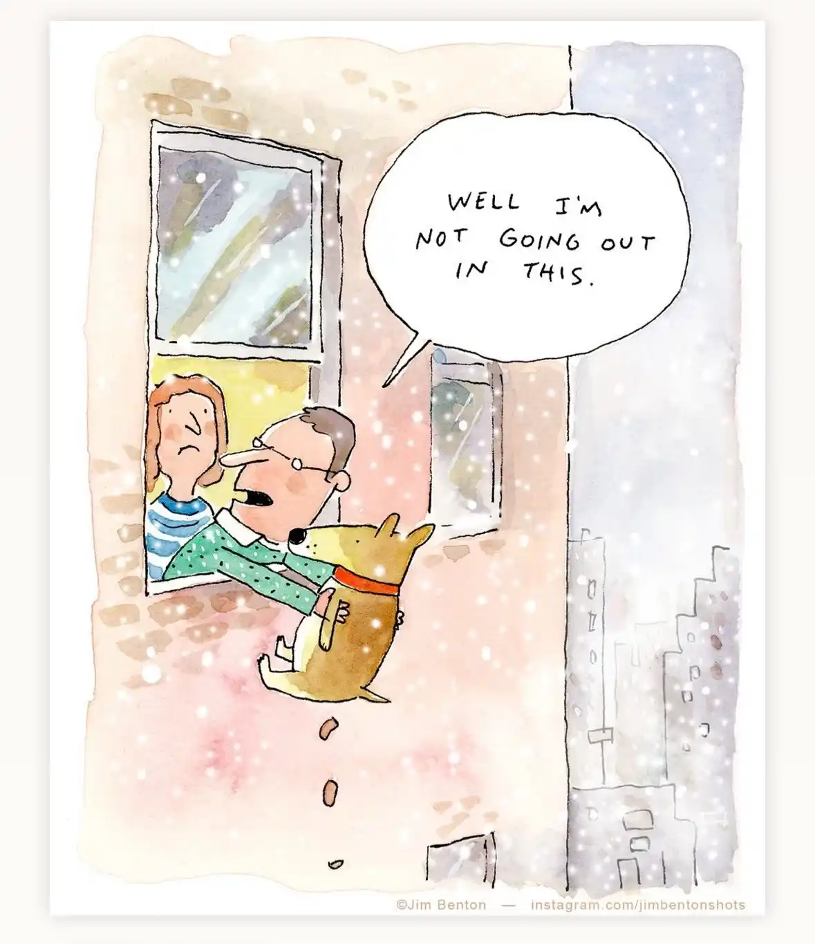 A watercolor illustration shows a man and a woman looking out a snowy window, with the man holding a dog. The man is…