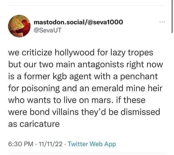 A screenshot of a Twitter post from mastodon.social/@seva1000, showing a text message criticizing modern Hollywood…