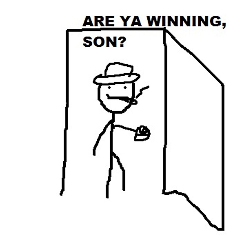 A simple stick figure drawing shows a man in a hat and smoking a cigarette standing in a doorway, holding a small object…