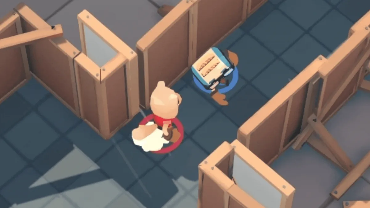 A six-panel comic strip from the game 'Brawlhalla' shows a character in a red circle repeatedly getting hit by a vending…