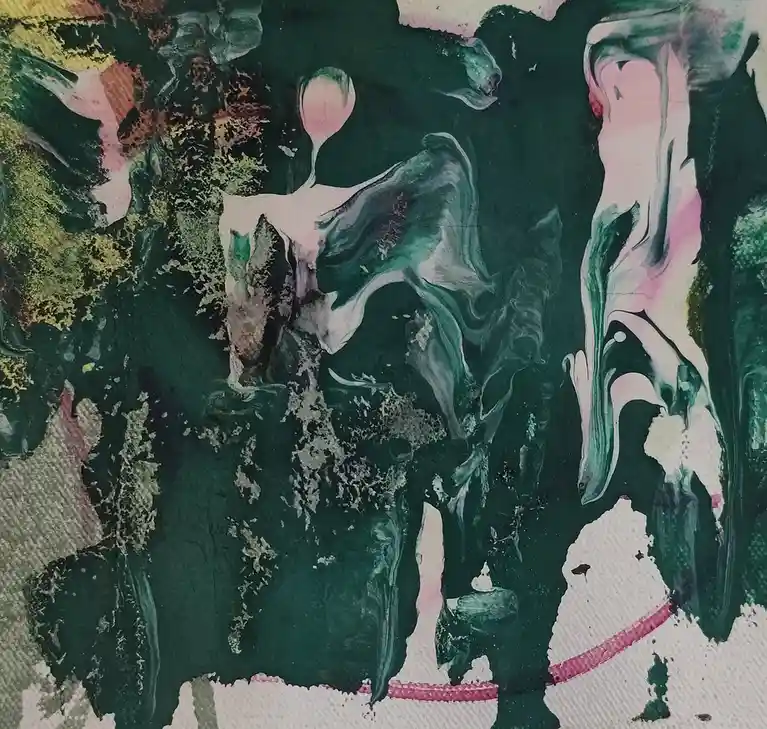 An abstract painting with swirling dark green, pink, white, and yellow paint on textured paper, featuring no overlaid text…
