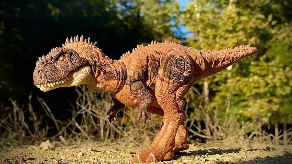A detailed, brown and tan plastic toy dinosaur, resembling a Tyrannosaurus Rex with spikes along its back, stands outdoors…