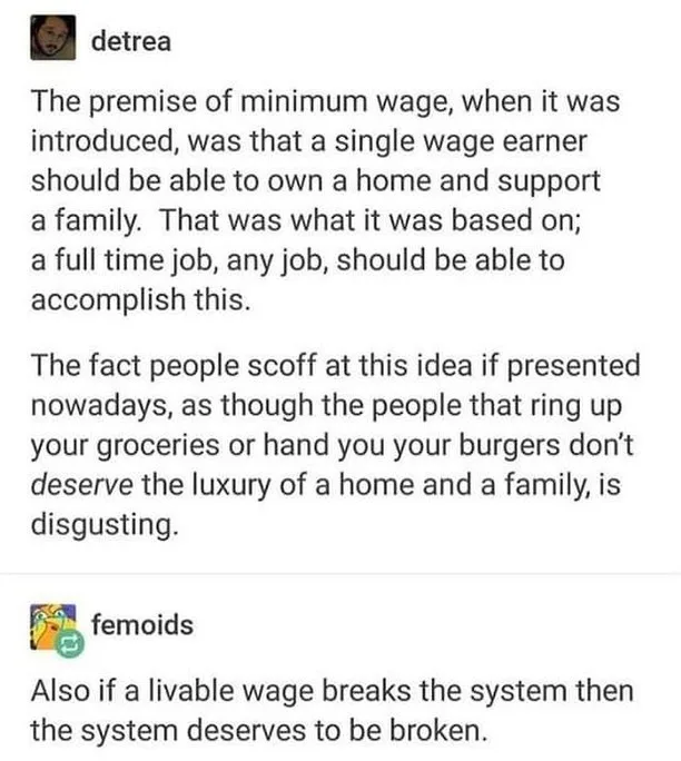 A screenshot of a Reddit thread showing two users discussing the historical purpose of minimum wage and the moral outrage at…