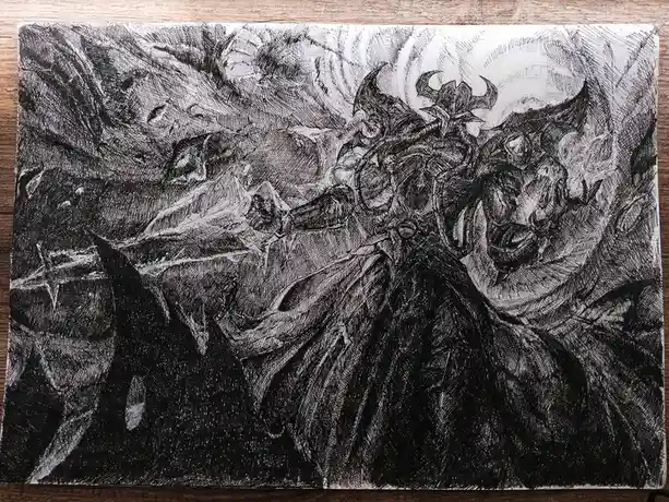 A black-and-white ink drawing on paper depicts a fantasy scene with a demonic figure wearing a horned helmet and wielding a…