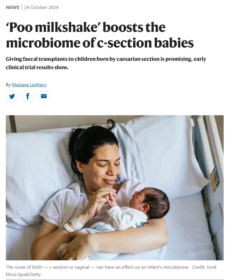 A news article screenshot shows a mother in a hospital bed holding her newborn baby. The headline reads 'Poo milkshake'…