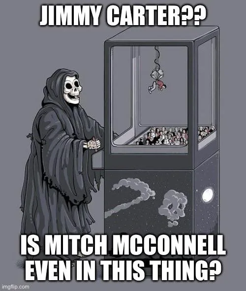 A grim reaper stands beside a claw machine filled with people, looking up at a person hanging from a hook inside. The text…