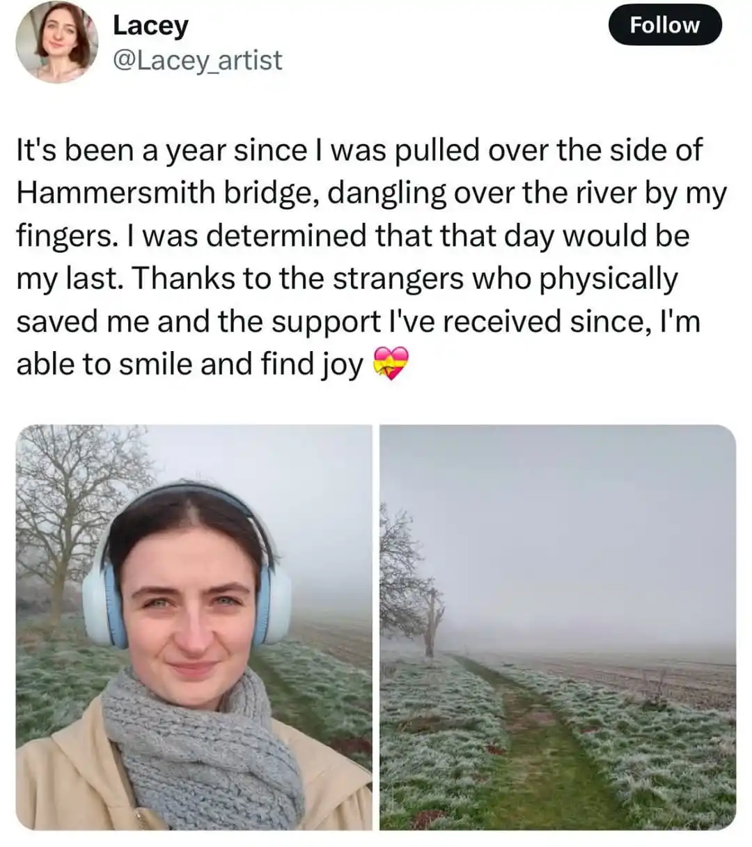 A social media post by user Lacey (@Lacey_artist) features a split image: on the left, a woman with headphones and a scarf…