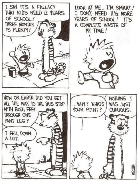 A four-panel Calvin and Hobbes comic strip where Calvin argues that only three months of school is enough, claiming he's…