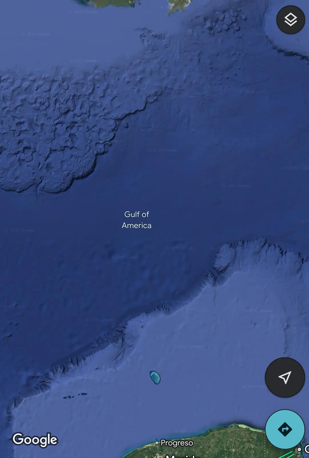 A Google Earth satellite map view of a coastal region, where the label 'Gulf of America' is overlaid on a body of water. The…