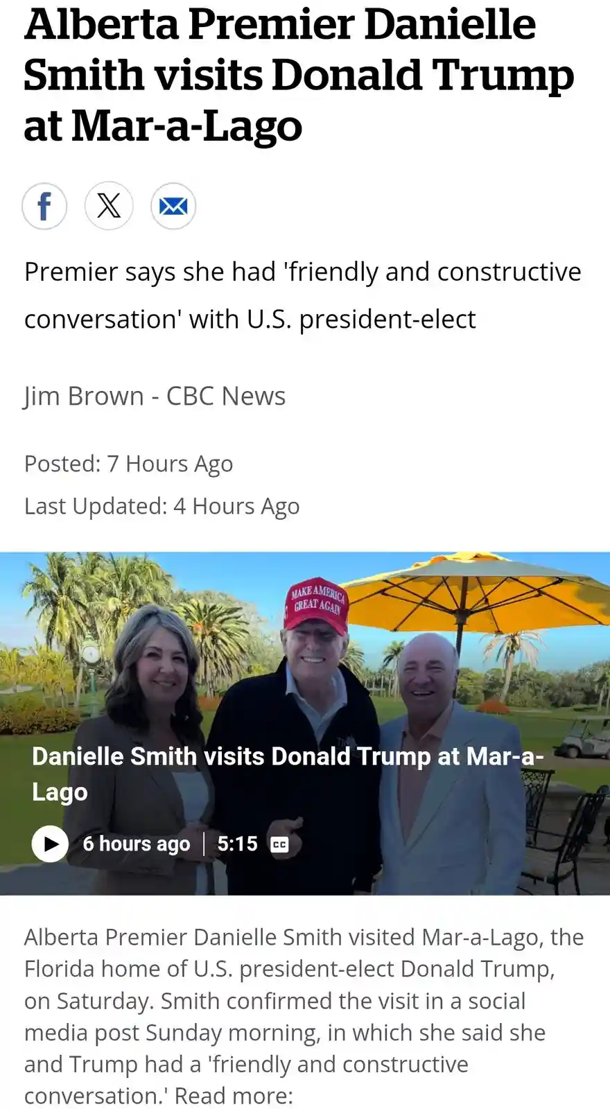 A screenshot of a news article about Alberta Premier Danielle Smith visiting Donald Trump at Mar-a-Lago, featuring a photo…