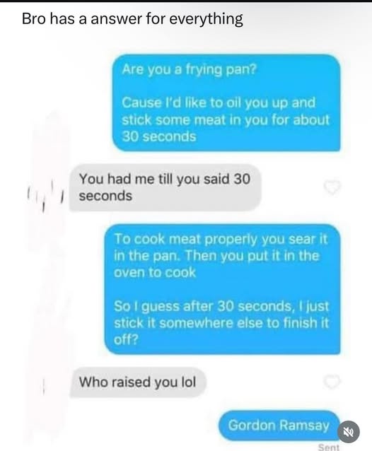 A screenshot of a text conversation where one person asks if the other is a frying pan, prompting a crude sexual innuendo…