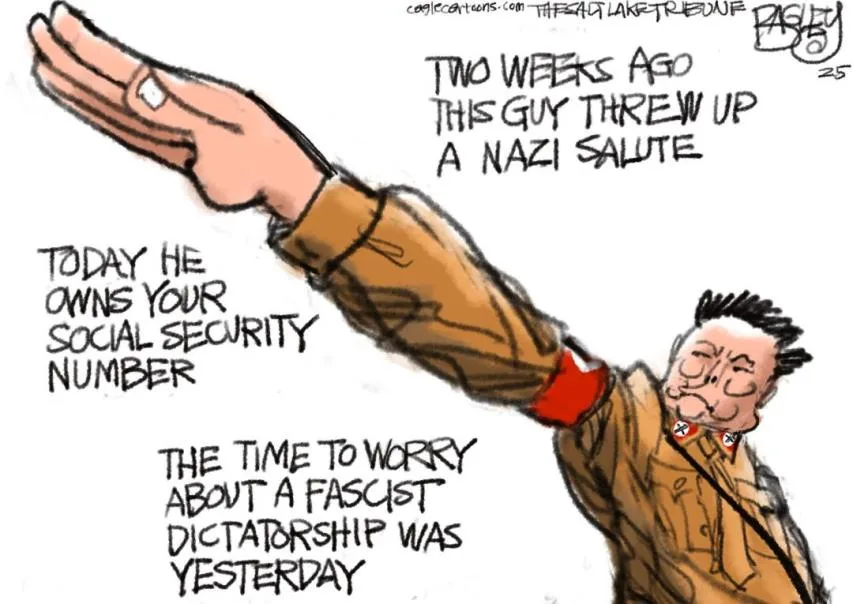 A cartoon depicts a man in a brown uniform with red armbands and a mustache, raising his right arm in a Nazi salute. Text…