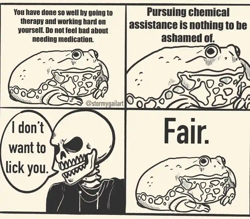 A four-panel comic strip featuring a spotted frog in three panels and a skull in one. The frog is told it's okay to take…