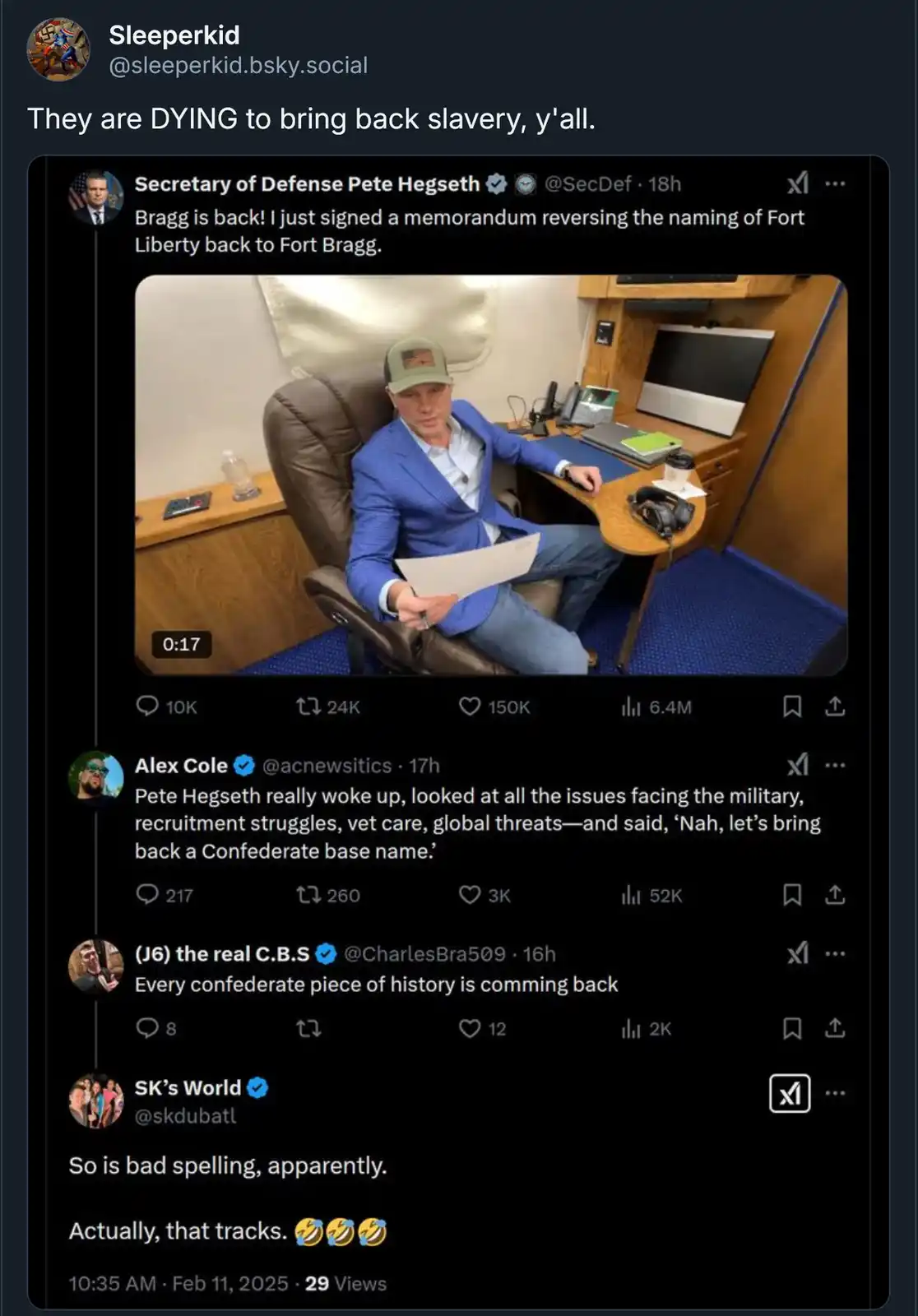 A screenshot of a social media thread shows Secretary of Defense Pete Hegseth announcing he reversed the renaming of Fort…