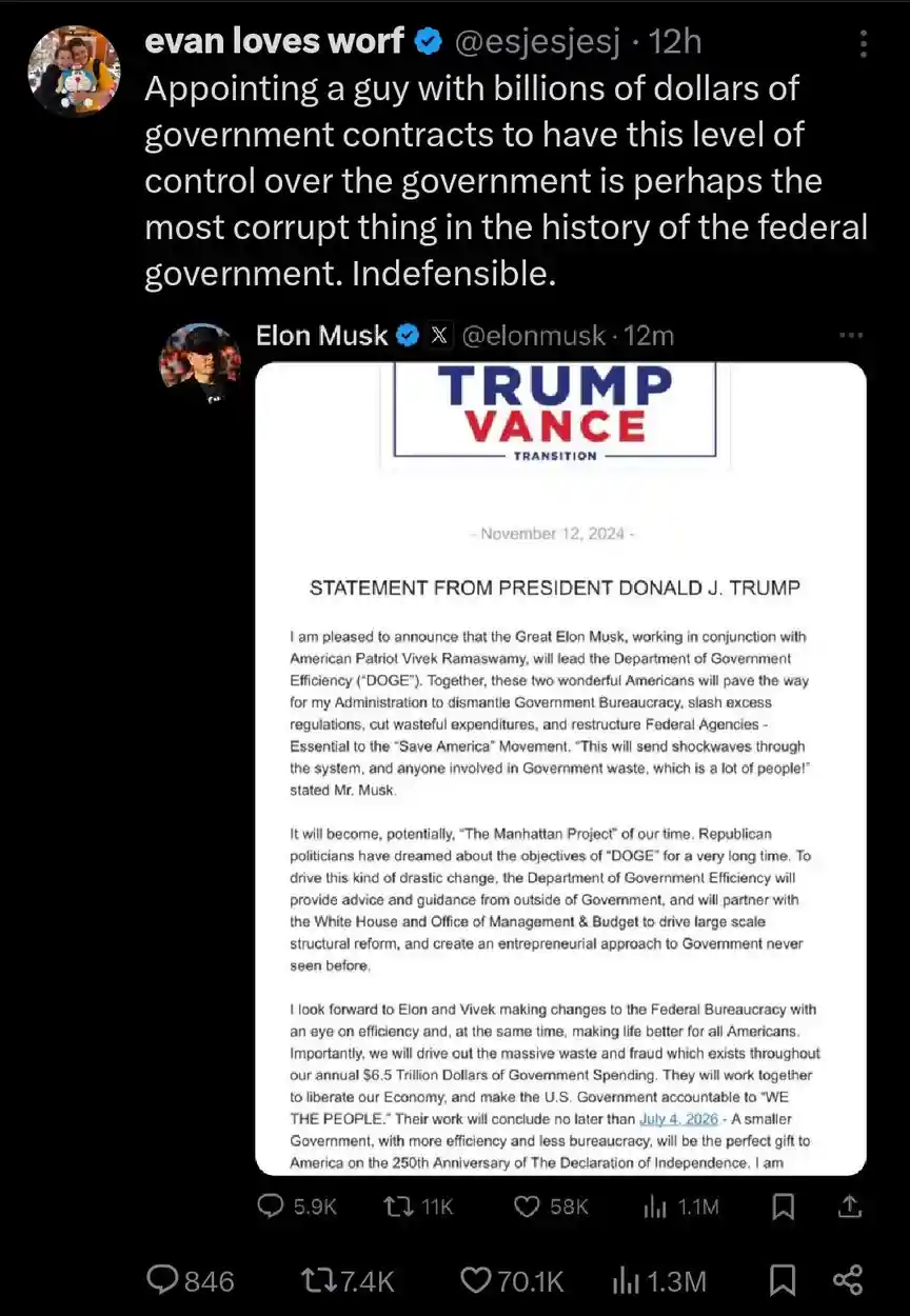 A screenshot of a Twitter thread shows a tweet from 'evan loves worf' criticizing government corruption, followed by a reply…