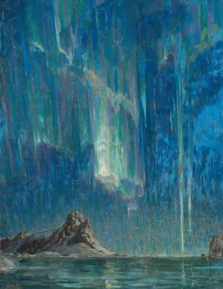 A painting depicts a dramatic aurora borealis with vibrant green and blue light streaks dancing across a dark sky above a…