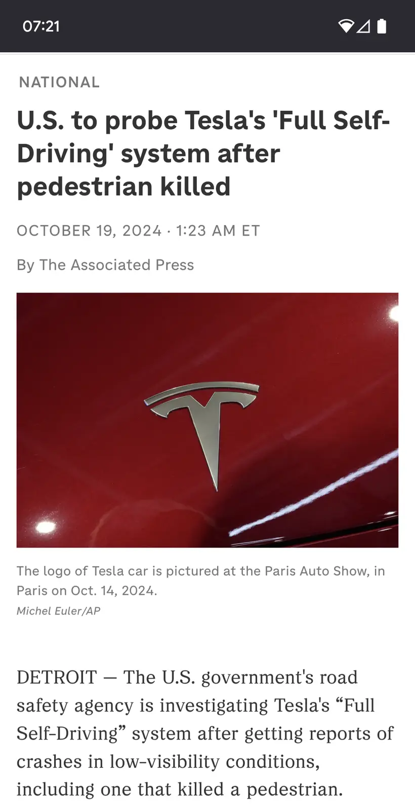 A screenshot of a news article from The Associated Press dated October 19, 2024, featuring a close-up photo of a silver…