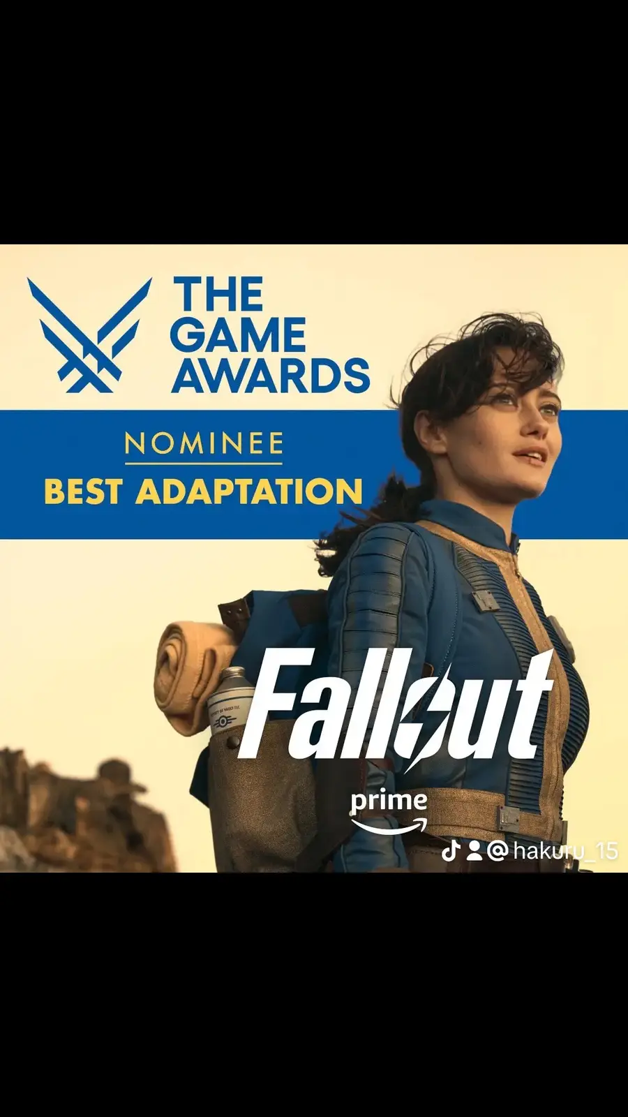 An image of a woman in a blue jacket and backpack, styled like a promotional poster for The Game Awards, which declares…