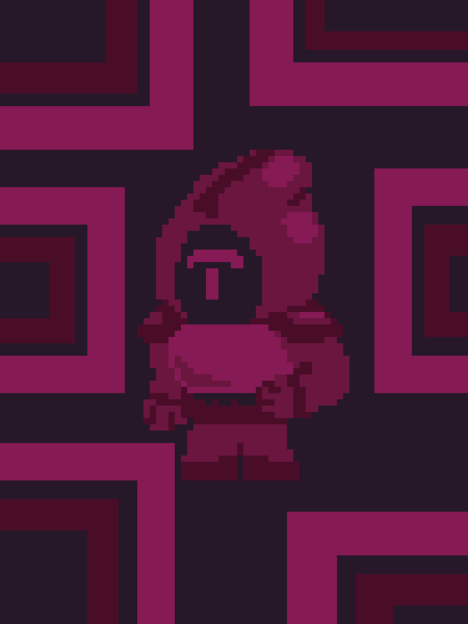 A pixelated, low-resolution image shows a small, round, purple character with a simple face and arms, standing in the center…