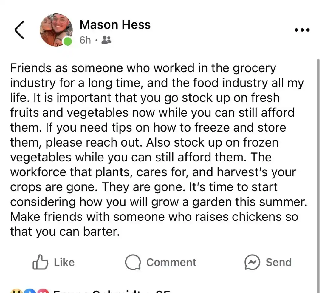 A screenshot of a Facebook post by Mason Hess urging people to stockpile food and prepare for future shortages, citing the…