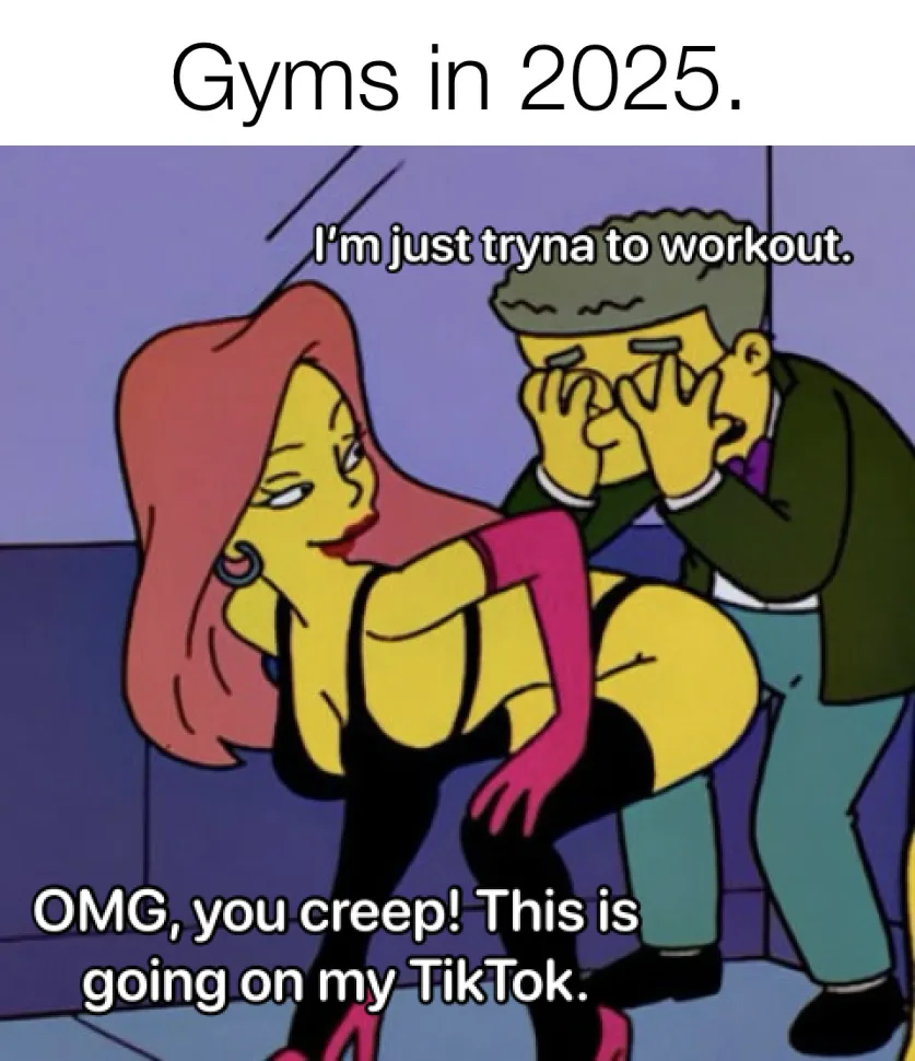 A cartoon image shows a woman in workout attire leaning forward while a man behind her covers his face in embarrassment. The…