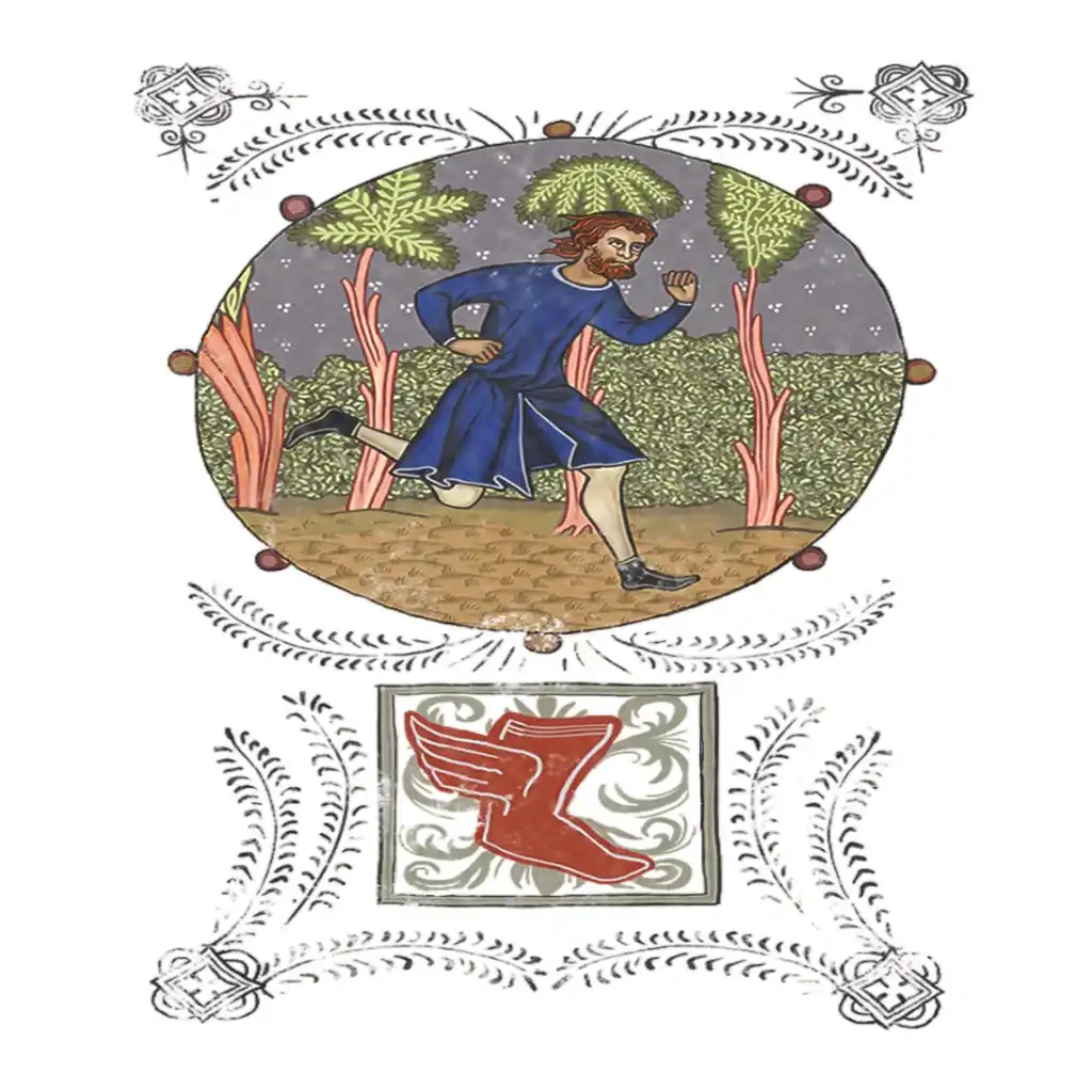 The image shows a medieval-style illustration of a man in a blue robe running through a forest with stylized trees and…