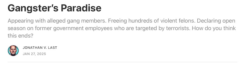 A screenshot of a news article headline titled 'Gangster's Paradise' with a subtext listing actions like appearing with…
