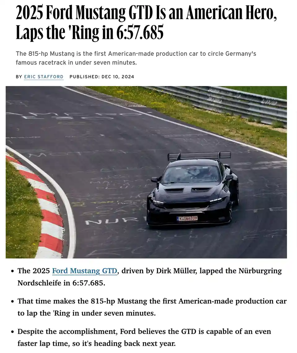 A black 2025 Ford Mustang GTD race car is shown driving on the Nürburgring track, with graffiti visible on the asphalt. The…