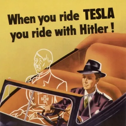 A vintage-style car advertisement depicts a man in a suit and hat driving a car, with a translucent, ghostly image of Adolf…