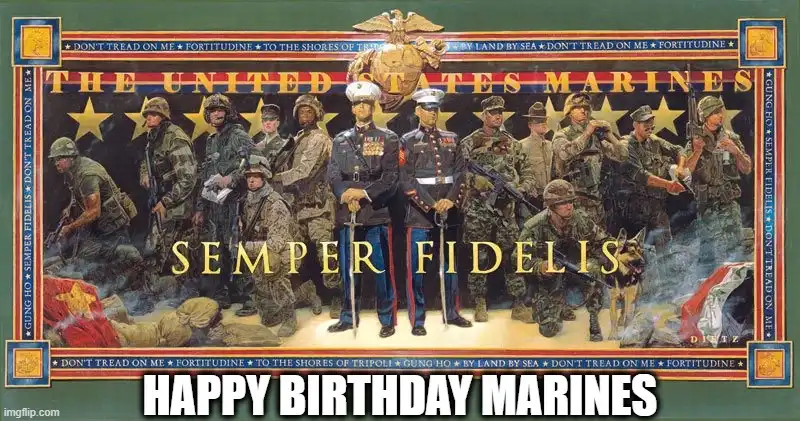 A formal U.S. Marines recruitment poster featuring multiple Marines in uniform, including two standing at attention in dress…