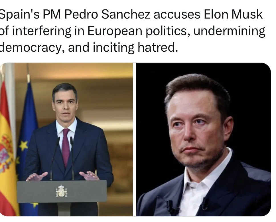 The image displays two side-by-side photos: on the left, Spain's Prime Minister Pedro Sanchez stands at a podium with…