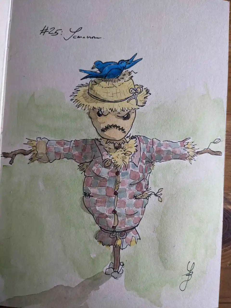 A watercolor drawing of a scarecrow wearing a plaid shirt and straw hat, with two blue birds perched on its head. The…