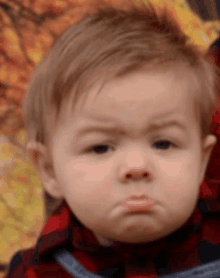 A young child with light brown hair and a red plaid shirt makes a pouting, disappointed face with furrowed brows and lips…