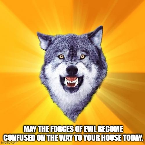 A close-up image of a gray wolf's head with bared teeth and an aggressive expression, set against a bright yellow-orange…