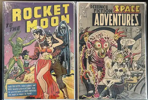 Two vintage science fiction comic book covers side by side. The left cover, 'Rocket to the Moon,' shows a man and woman in…
