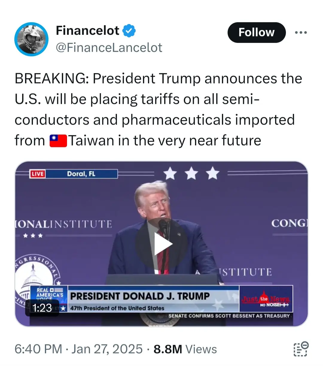 A screenshot of a Twitter post by @FinanceLancelot showing a video thumbnail of Donald Trump speaking at a podium. The video…