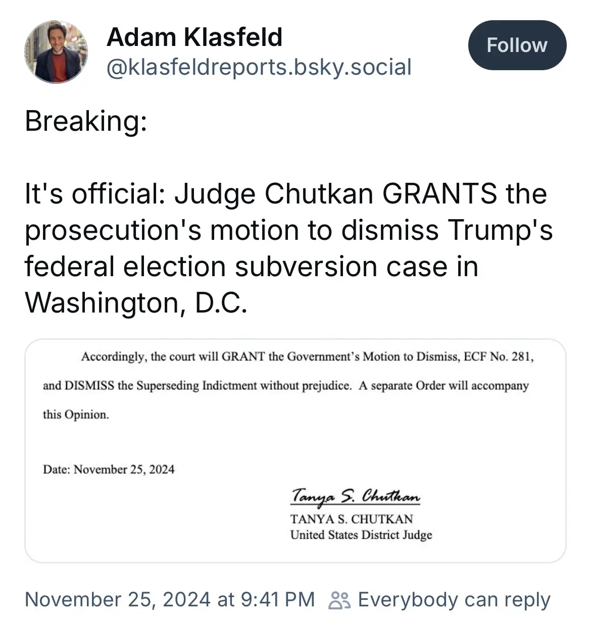 A screenshot of a social media post by Adam Klasfeld announcing a court ruling. The post features a headline declaring Judge…