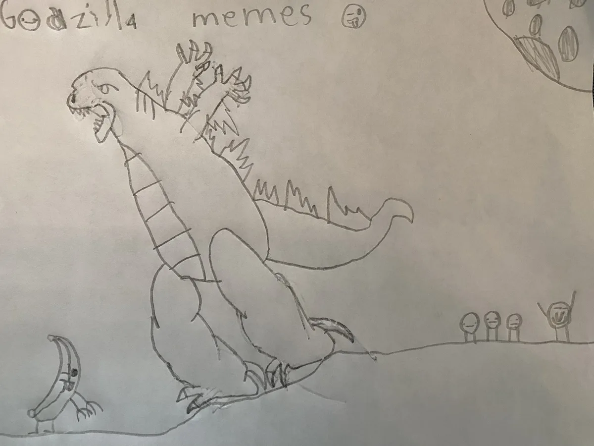 A child's pencil drawing shows a Godzilla-like monster with a spiked back and tail, roaring while sitting on the ground. To…