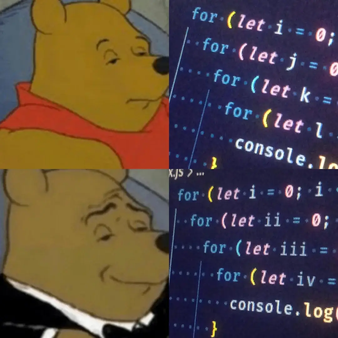 The image is a split-screen meme featuring two panels of Winnie the Pooh. The top panel shows Pooh looking confused or…