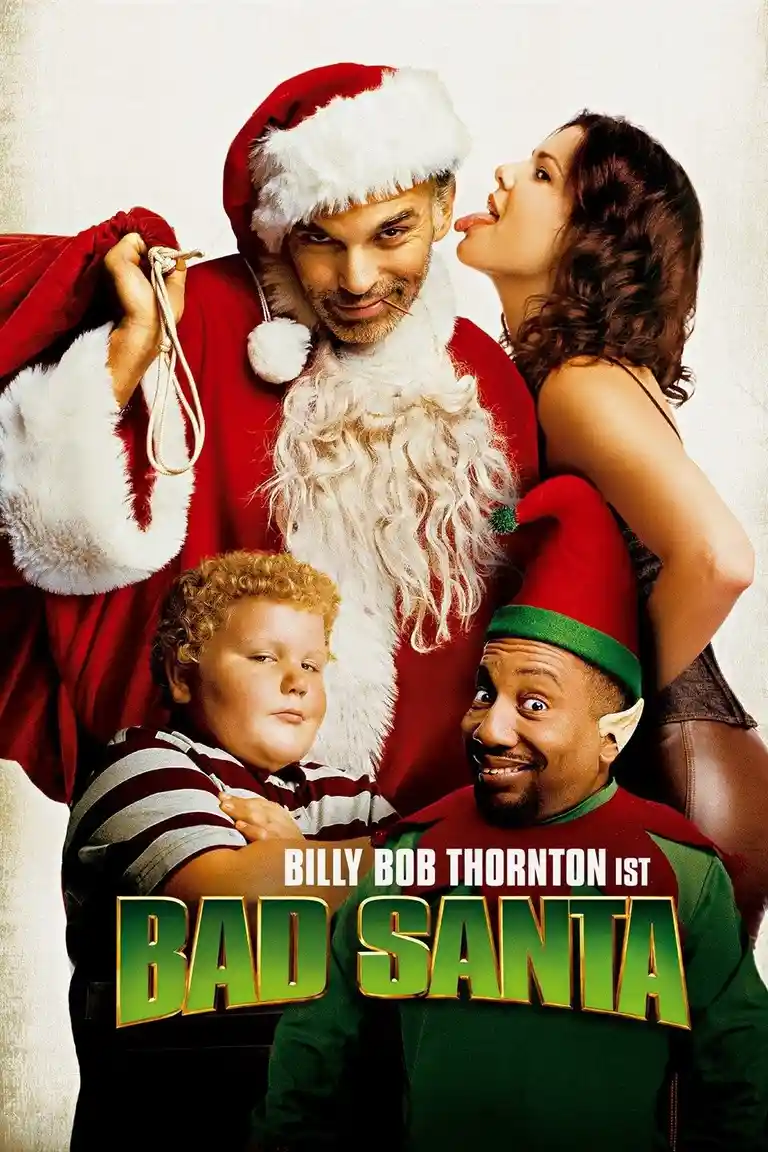 A movie poster for 'Bad Santa' featuring Billy Bob Thornton as a menacing Santa Claus with a cigarette, a woman kissing his…