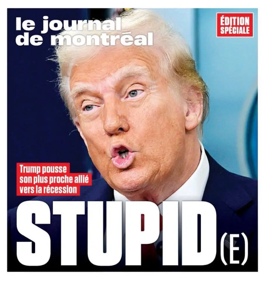 The image shows a close-up of Donald Trump with his mouth open, overlaid with text mimicking a French newspaper cover. The…