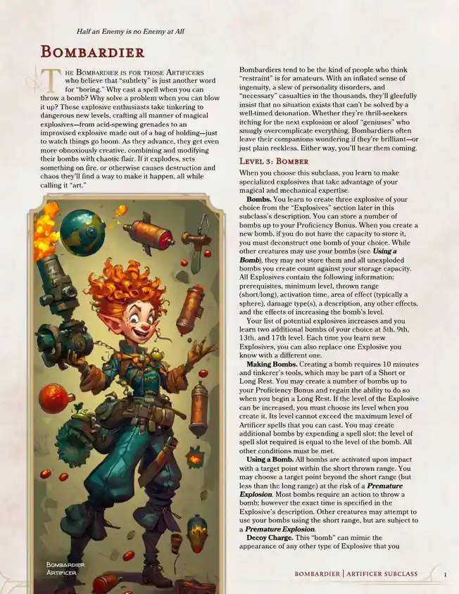 A page from a fantasy roleplaying game manual featuring the 'Bombardier' artificer subclass. The page includes descriptive…