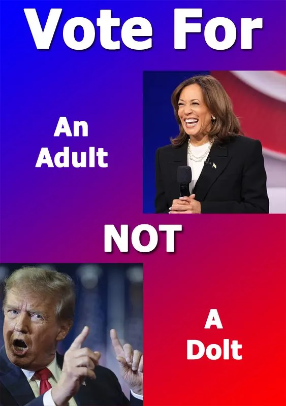 The image is split vertically. The top half shows Kamala Harris smiling while holding a microphone against a blue and red…