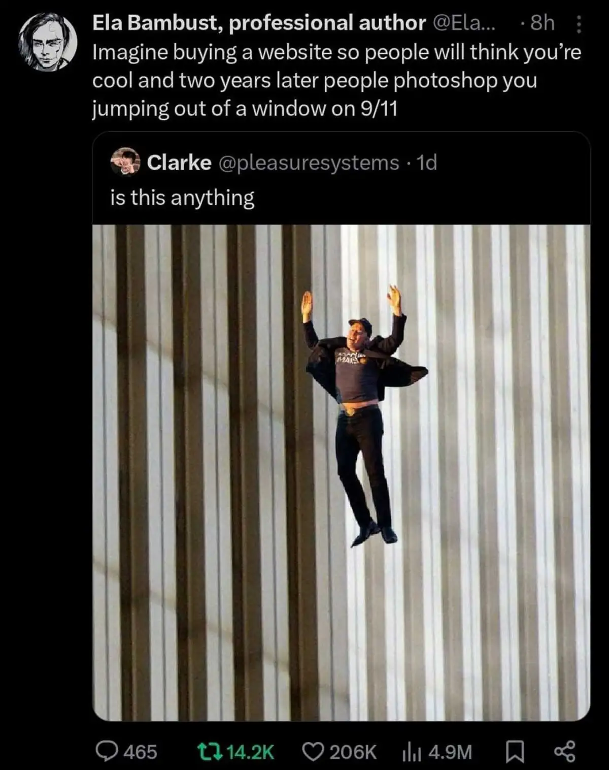 A screenshot of a Twitter thread shows a user posting a meme about buying a website to appear cool, then having their photo…